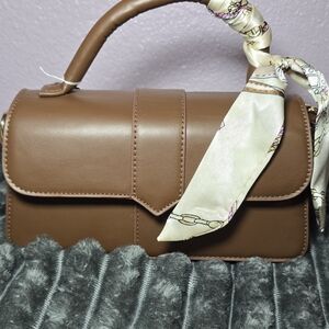 Brown Leather Handbag with Scarf Accent